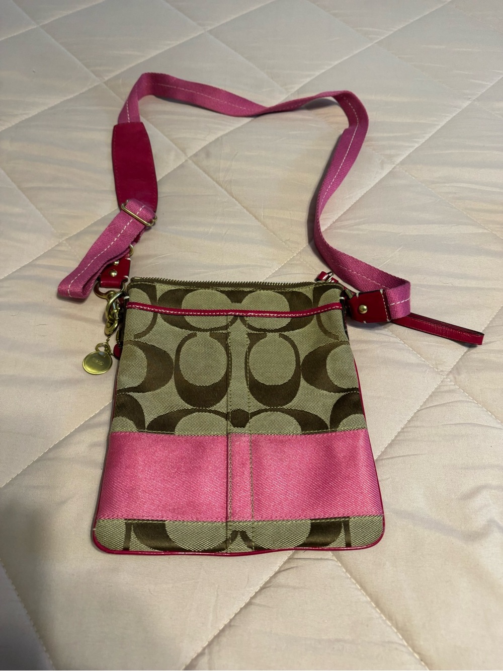 Coach Signature Crossbody with Pink Trim and Brown Canvas
